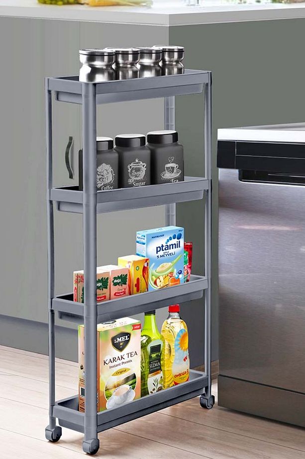 4 Katlı Tekerlekli Slim Raf Modüler Banyo Rafı, Mutfak Rafı - 1