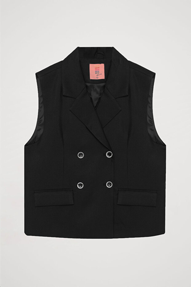 Black Double Breasted Collar Buttoned Vest Jacket - 2