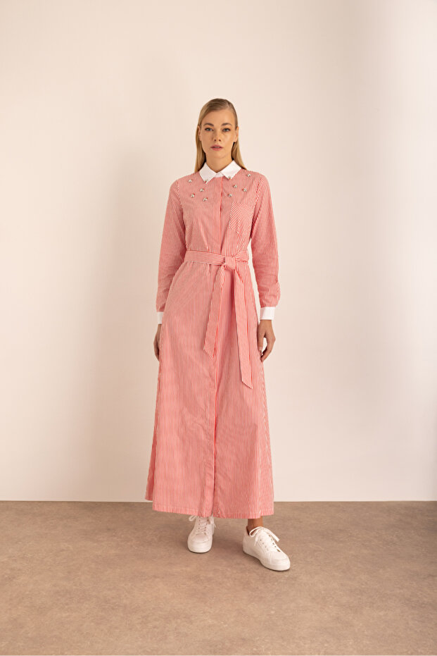 Red Striped Cotton Dress with Embroidery Detail