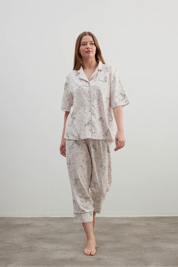 Kadın Plus Size Pamuklu Gömlek Midi Pijama Takımı - 1