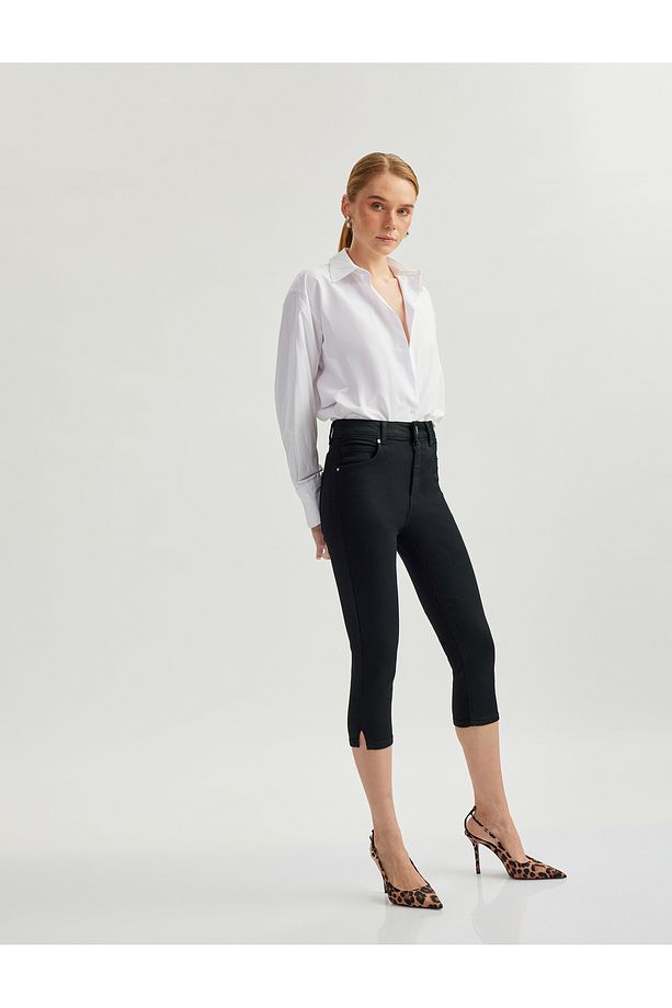 Yüksek Bel Pamuklu Kapri Denim Şort - Tight Fit - 1