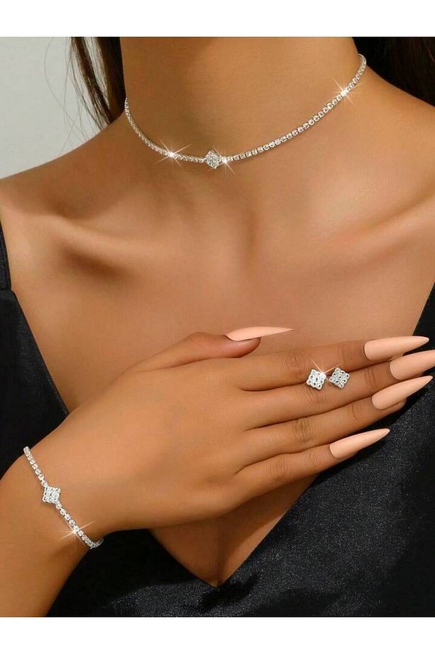 Gümüş Kaplama Tek Taş Kolye, Küpe Ve Bileklik Seti 3'lü Set Davet Düğün Nişan Abiye - 1