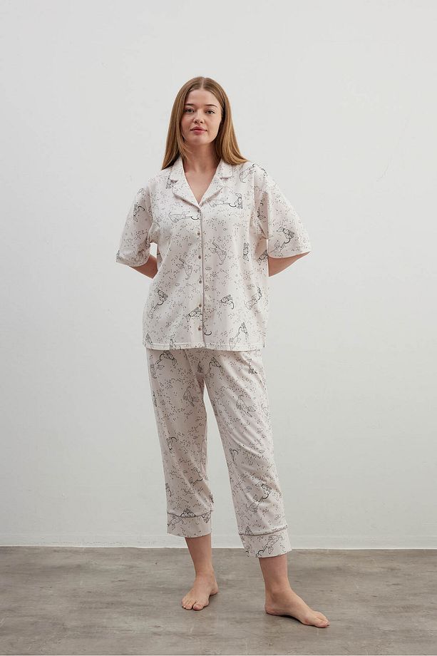 Kadın Plus Size Pamuklu Gömlek Midi Pijama Takımı - 2