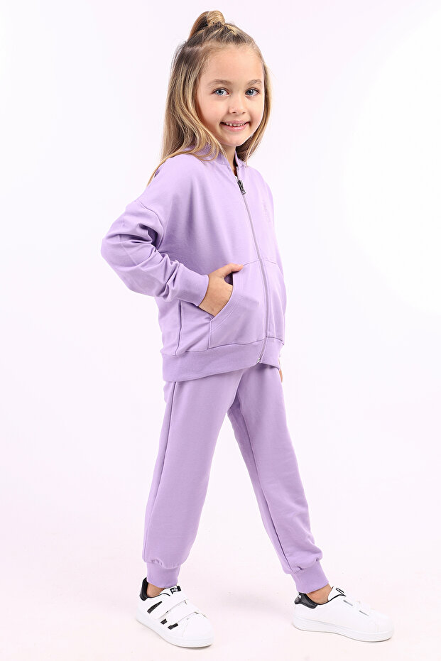 Girl's Zipper Detailed Kangaroo Pocket Tracksuit Set