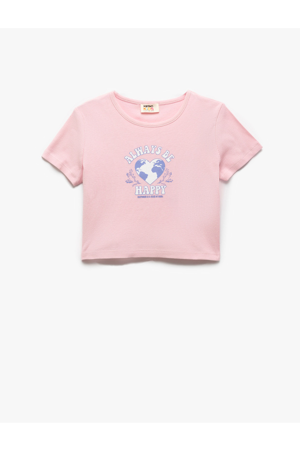 Cotton Heart Print Crew Neck Short Sleeve Crop T-Shirt