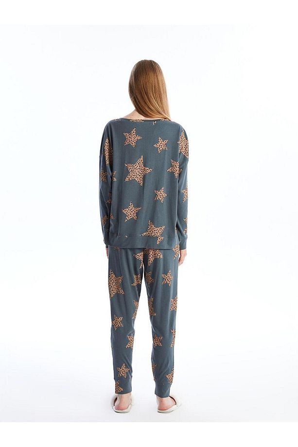 Bisiklet Yaka Desenli Uzun Kollu Kadın Pijama Takımı (W4) - 5