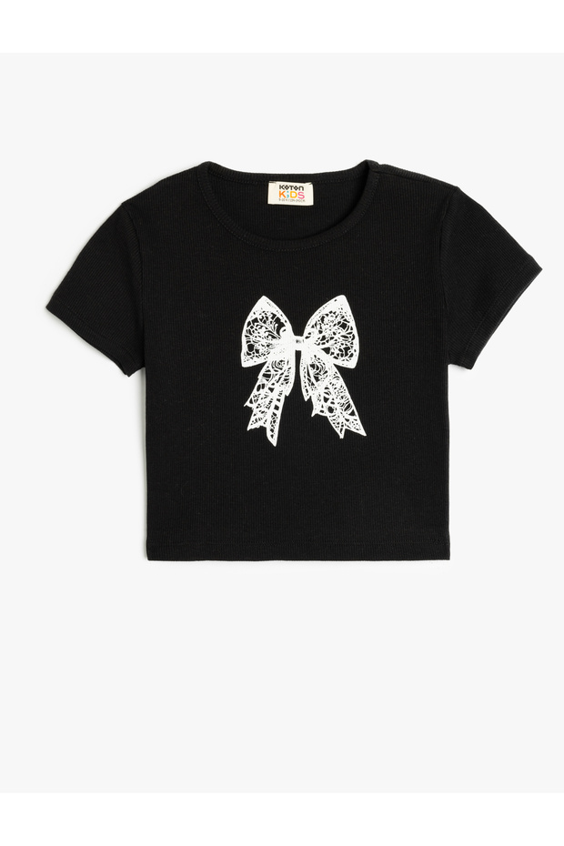 Crew Neck Short Sleeve Bow Detail Cotton Crop T-Shirt