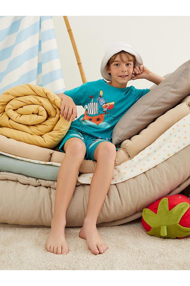 Bisiklet Yaka Baskılı Kısa Kollu Erkek Çocuk Şortlu Pijama Takımı (S2) - 1