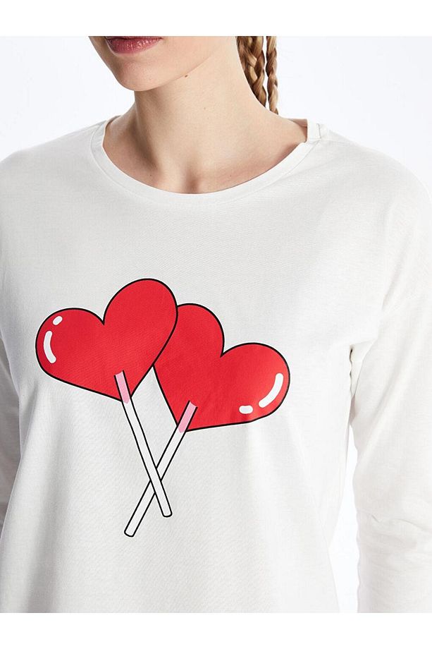 Bisiklet Yaka Baskılı Uzun Kollu Kadın Pijama Takımı (W3) - 4