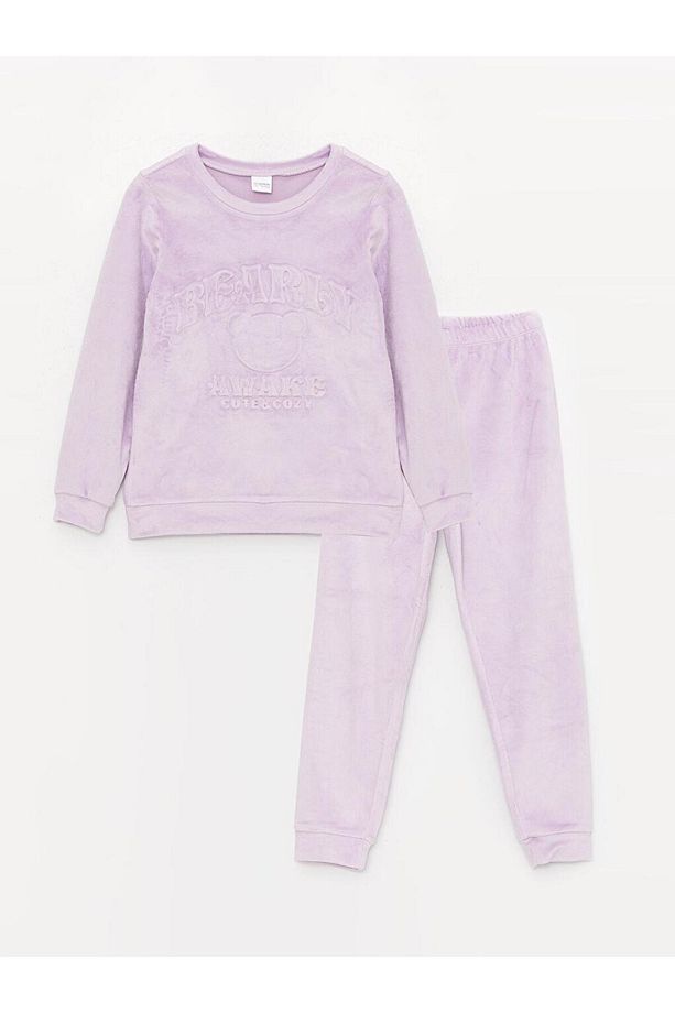 Bisiklet Yaka Uzun Kollu Kız Çocuk Kadife Pijama Takımı (W3) - 1