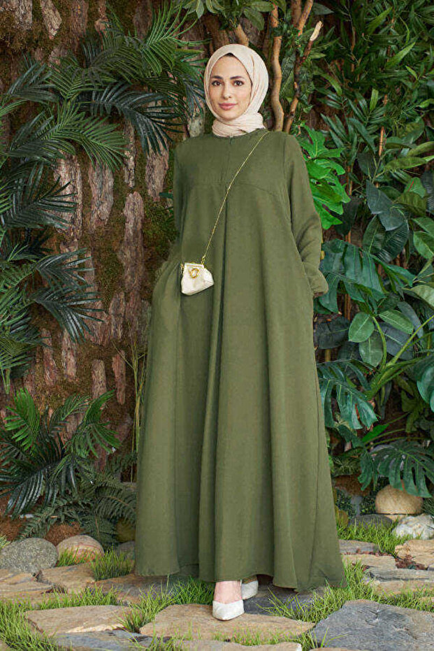 6482-Berlin a Pleated Dress Khaki