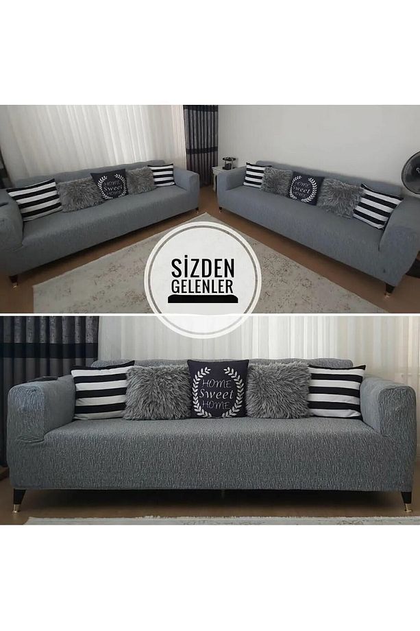 Jakarlı Düz Desen 3 3 1 1 Lastikli Koltuk Örtüsü Takımı Kanepe Çekyat Örtüsü Koltuk Kılıfı - 3
