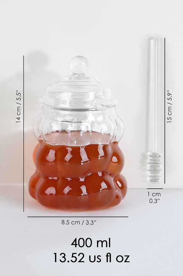 2'li Kaşıklı Borosilikat Cam Bal Kavanozu - Kapaklı Boncuk Şekilli Reçellik Bal Reçel Kavanozu 400ml - 6