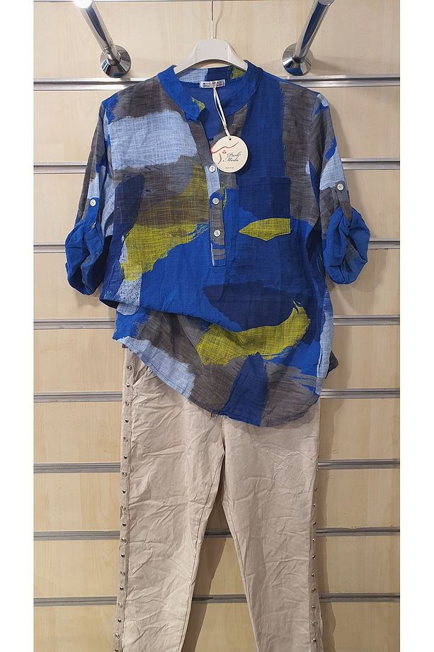 PATCHWORK DESEN 3 DÜĞMELİ KETEN GÖMLEK - 1