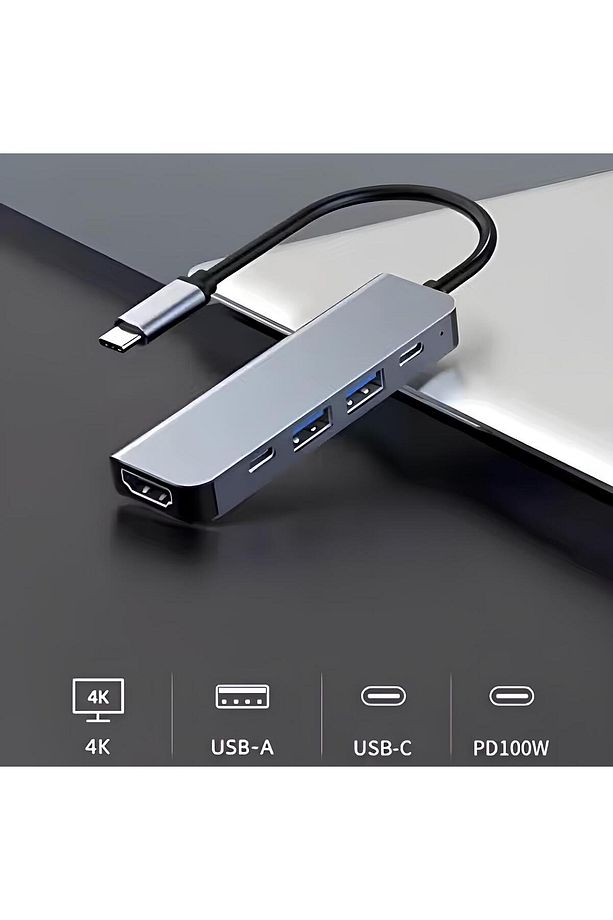 4K@30Hz Usb Type-C 5in1 Şarj,PD,HDMI ve USB 3.0 Çoğaltıcı Adaptör 5 Portlu - 3