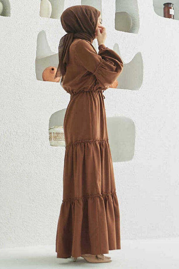 6567-Carla Büzgülü Elbise Kahve - 2