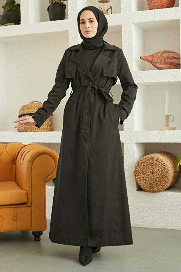 6604- Long Trench Coat Black