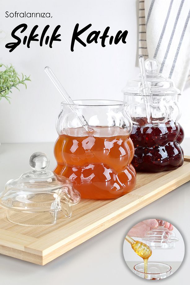 2'li Kaşıklı Borosilikat Cam Bal Kavanozu - Kapaklı Boncuk Şekilli Reçellik Bal Reçel Kavanozu 400ml - 5