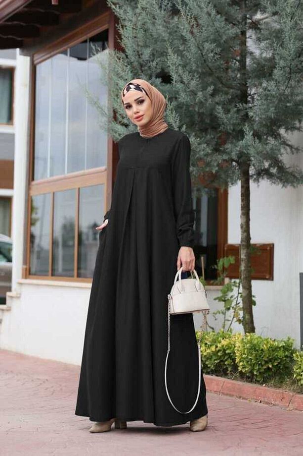 6482-denim Ön Tek Pileli Elbise Siyah - 1