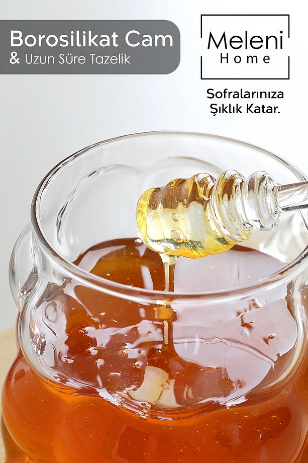2'li Kaşıklı Borosilikat Cam Bal Kavanozu - Kapaklı Boncuk Şekilli Reçellik Bal Reçel Kavanozu 400ml - 4