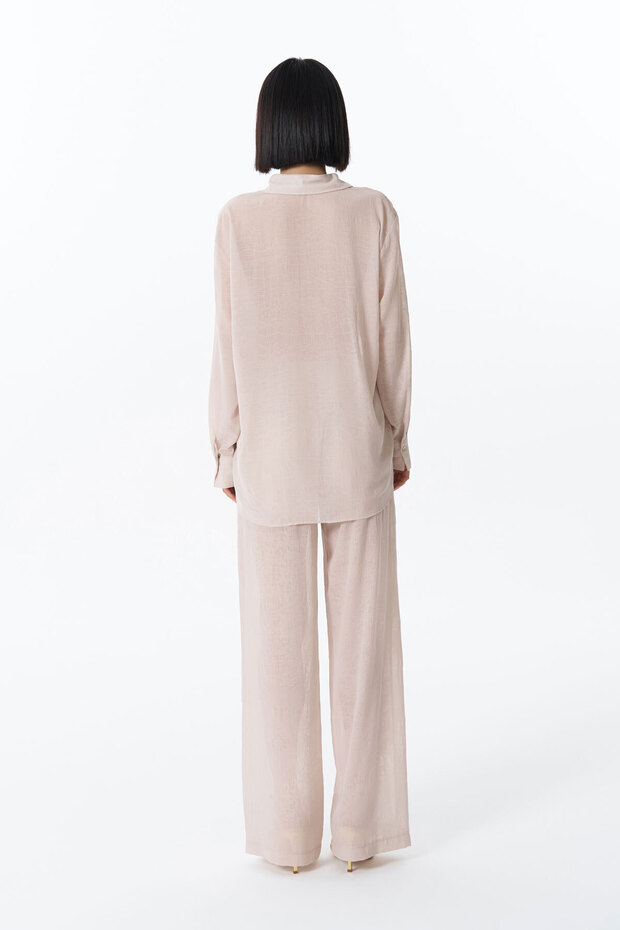 Düğmeli Şifon Gömlek Bej - 5