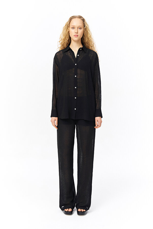 Düğmeli Şifon Gömlek Siyah - 3