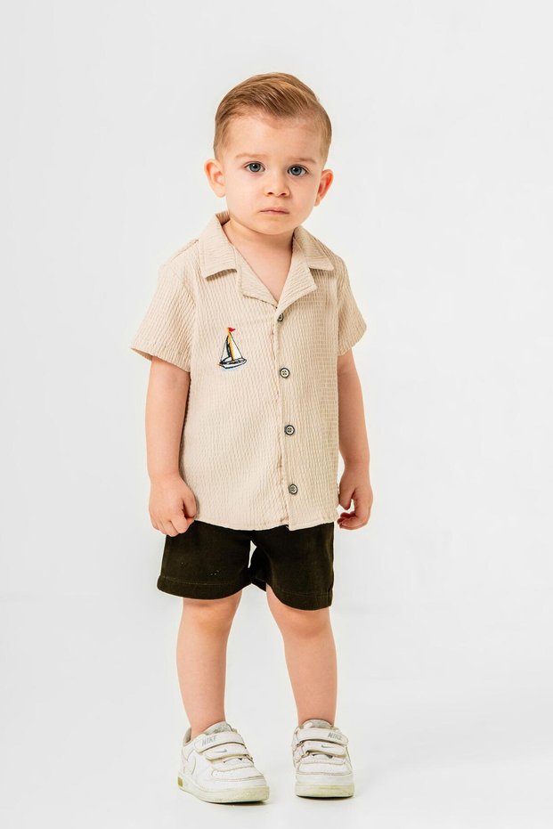 Style Shirt Sail Pattern Adjustable Waist Short Sleeve with Shorts 3-Piece Suit Children's and Baby's Clothing Self