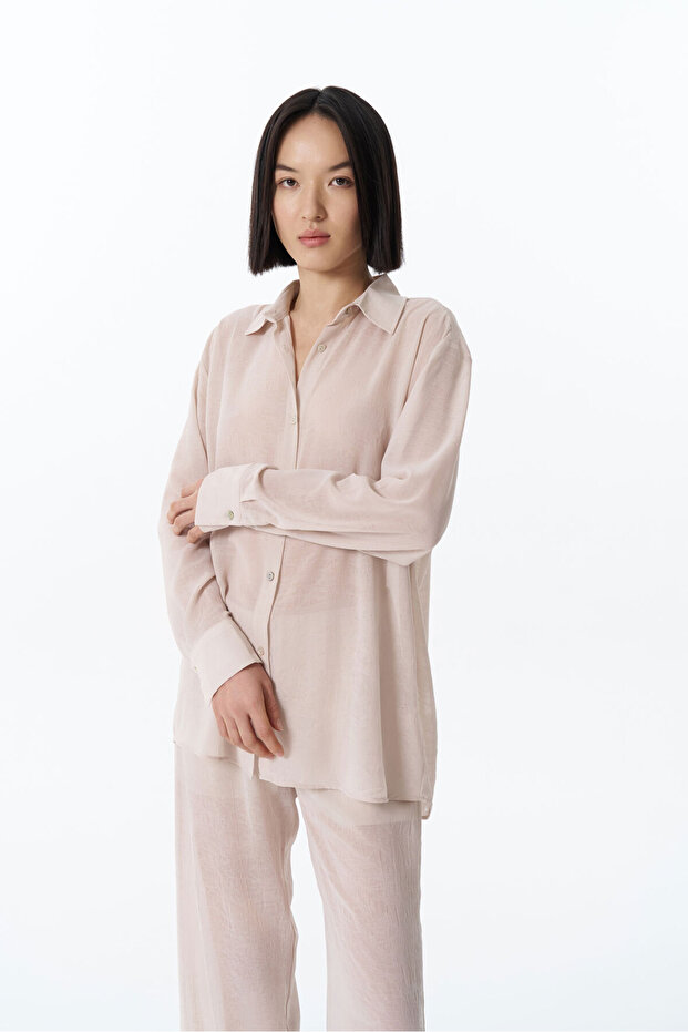 Düğmeli Şifon Gömlek Bej - 3