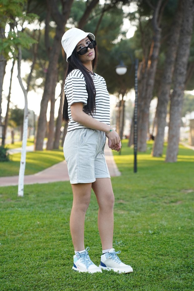 Stylish Front Stitched Shorts Set with Wide Cut Striped T-Shirt