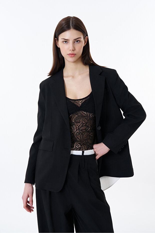 سترة بليزر سوداء - مع فتحة خلفية ونافذة - 1