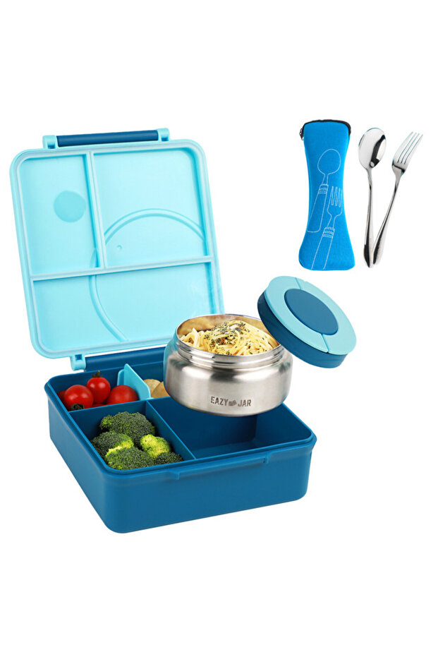 3/4 Jumbo Lunch Box w/ Bowl, Spoon & Fork - Blue