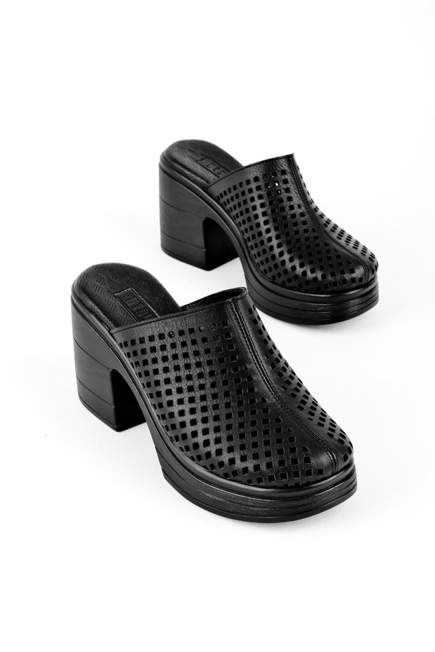 Genuine Leather Black Calins Women's Clogs - Perforated Heeled Slippers