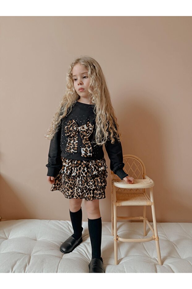 Girl's Stripe Stylish Leopard Patterned Pullover&Sweatshirt Skirt Bottom Top Suit