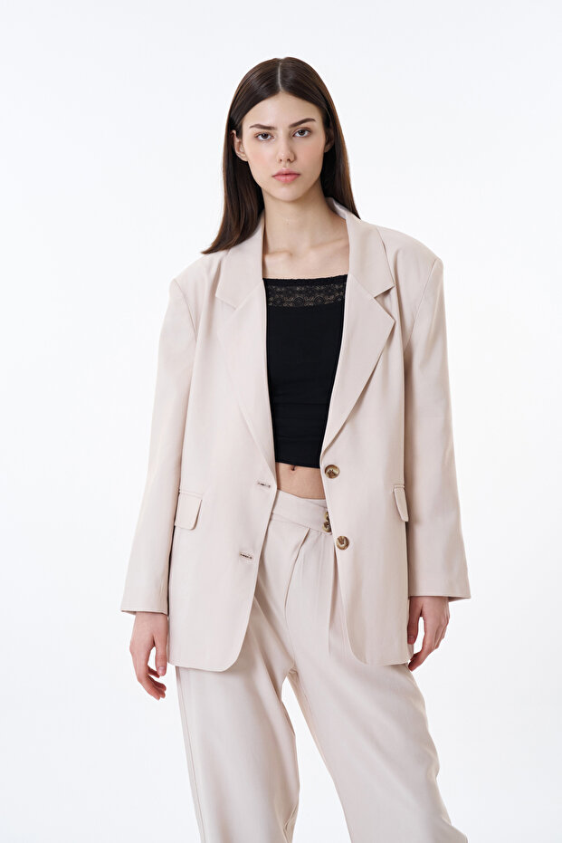 Çift Düğmeli Oversize Blazer Ceket Taş - 4