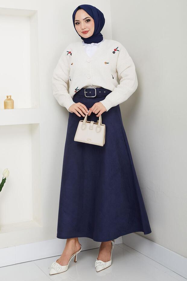 Belted Suede Mevlana Skirt Navy Blue Hm2607