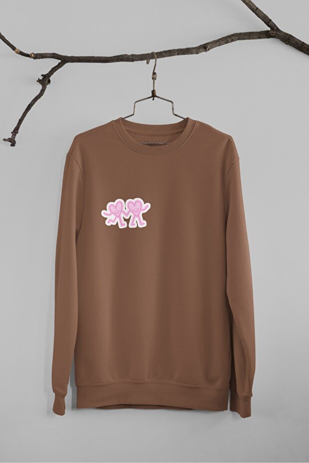 Women'S/Girl's Long Sleeve 2 Thread Hand in Hand Hearts Transfer Printed Crew Neck Sweatshirt