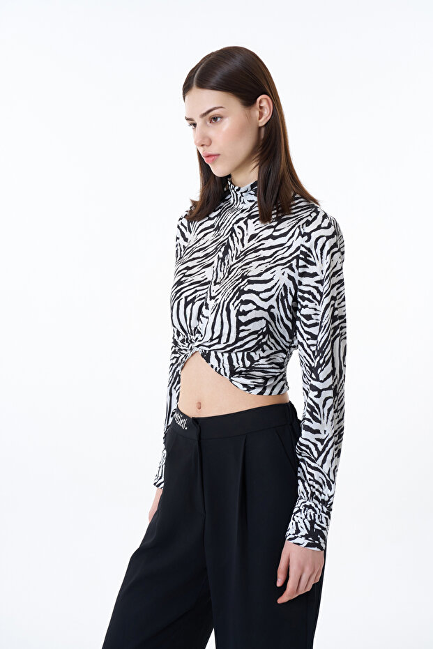 Stand Collar Zebra Pattern Blouse Black - 4