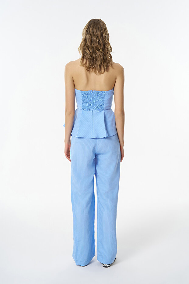 Μπλε ριγέ πλισέ στράπλες μπλούζα - 5