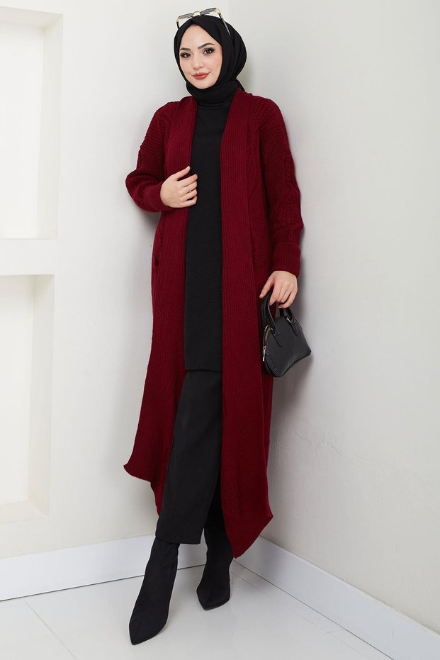 Shawl Collar Pocketed Knitwear Cardigan Claret Red Hm2534