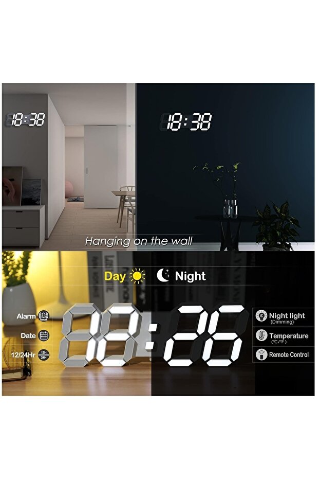 ساعة حائط رقمية متعددة الوظائف مزودة بمنبه وجهاز تحكم عن بعد - 3