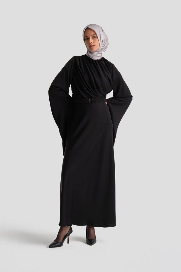 Evening Dress with Flounces and Stone-Embellished Sleeves 24K9912 Black