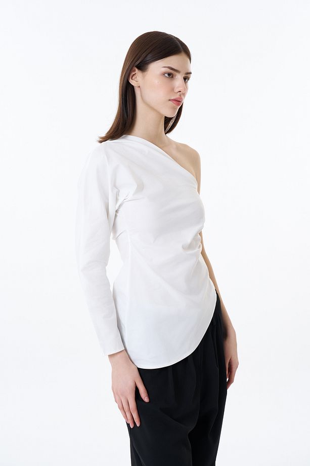 Drape Detaylı Tek Omuz Bluz Ekru - 4