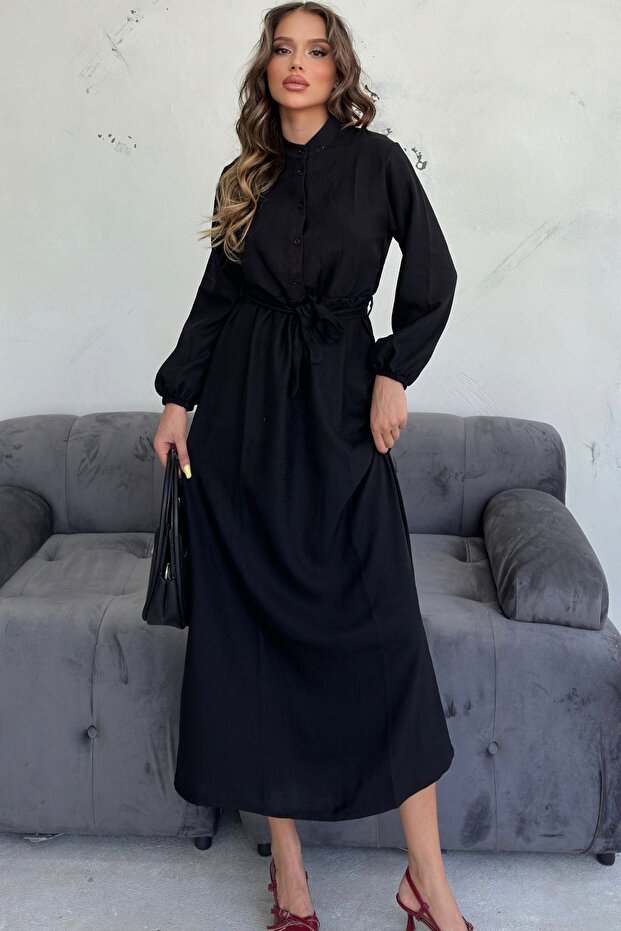 Kadın Siyah Bisiklet Yaka Düğmeli Bel Bağlamalı Modest Elbise - 1