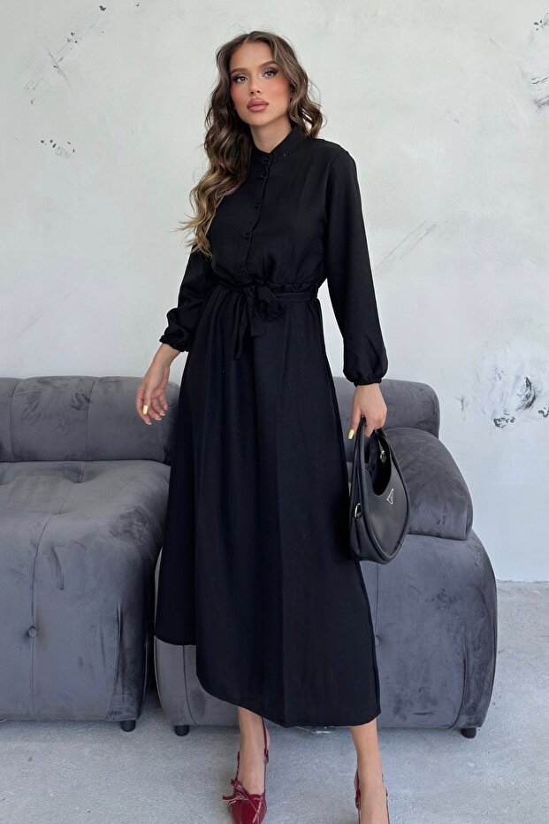 Kadın Siyah Bisiklet Yaka Düğmeli Bel Bağlamalı Modest Elbise - 2