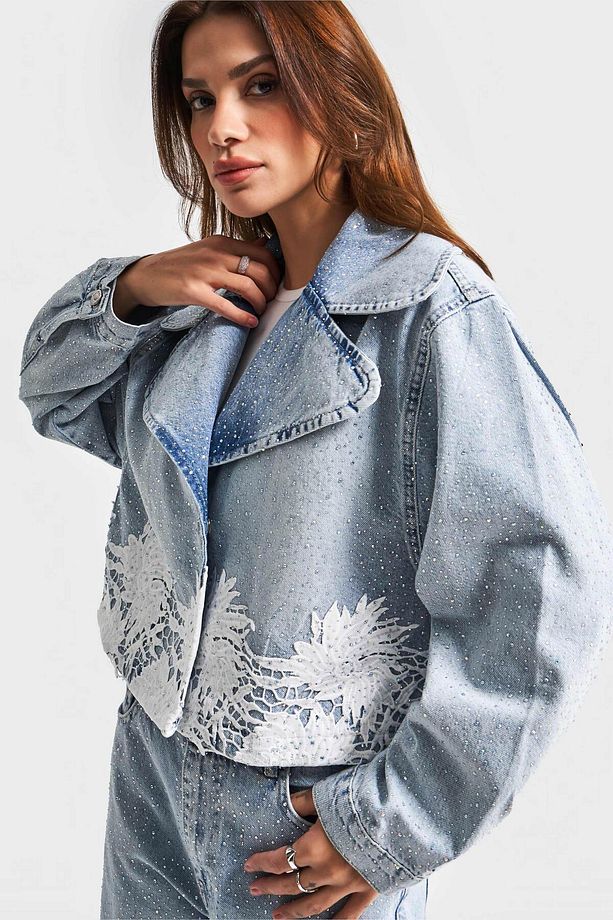 Kadın Kot Rengi 4S5-3 Dantelli Kruvaze %100 Koton Tasarım Denim Ceket - 6