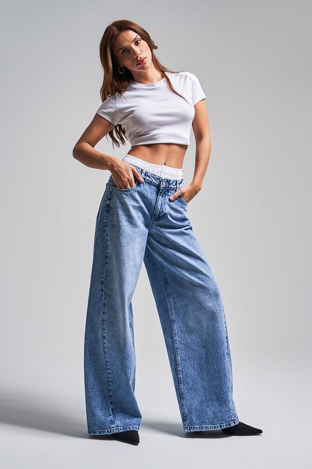 Kadın Mavi Kot Rengi 4S5-4 Boxer Detaylı Palazzo Fit %100 Koton Denim Jean - 7
