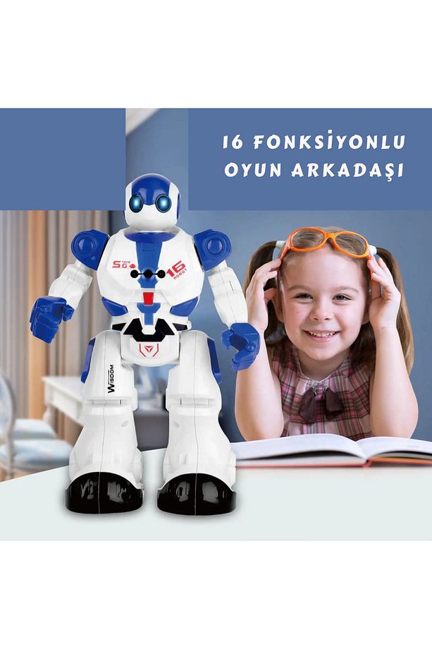 16 Fonksiyonlu Şarjlı Uzaktan Kumandalı Akıllı Robot Sesli Işıklı Programlama Dans Robot mavi - 5