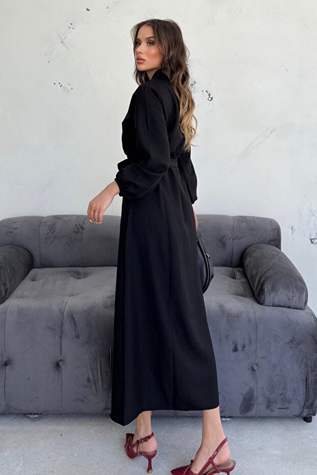 Kadın Siyah Bisiklet Yaka Düğmeli Bel Bağlamalı Modest Elbise - 3