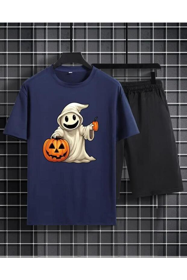 Ghost Printed T-Shirt Short Wide Leg Comfortable Fit Black Bottom Navy Top Short Set
