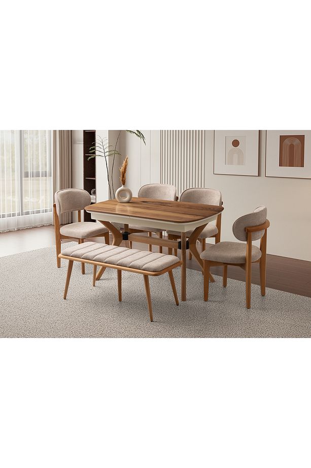 Çınar Açılır Ahşap Ayak 130X80 Masa 6 Kişilik Bukle Kumaş Ahşap Nergis Sandalye Bench Masa Takımı - 1